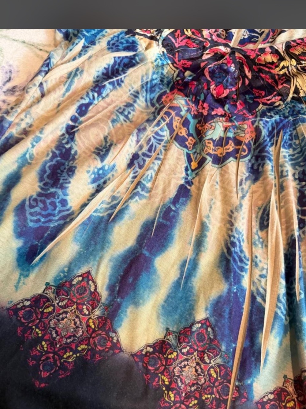ONE WORLD Short Sleeve Boho Top in Blue and Cream with Pink Accent - Picture 5 of 5